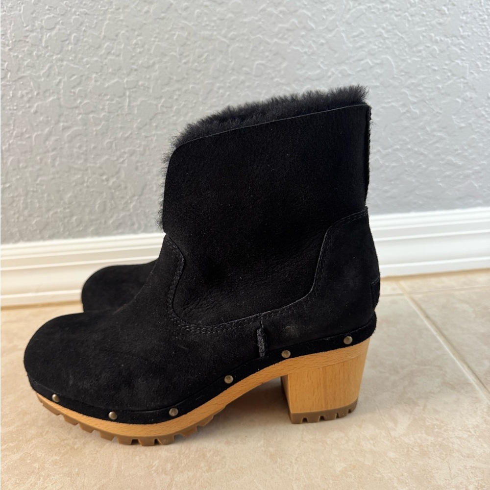 UGG Black Suede Ankle Boots with Wooden Heel